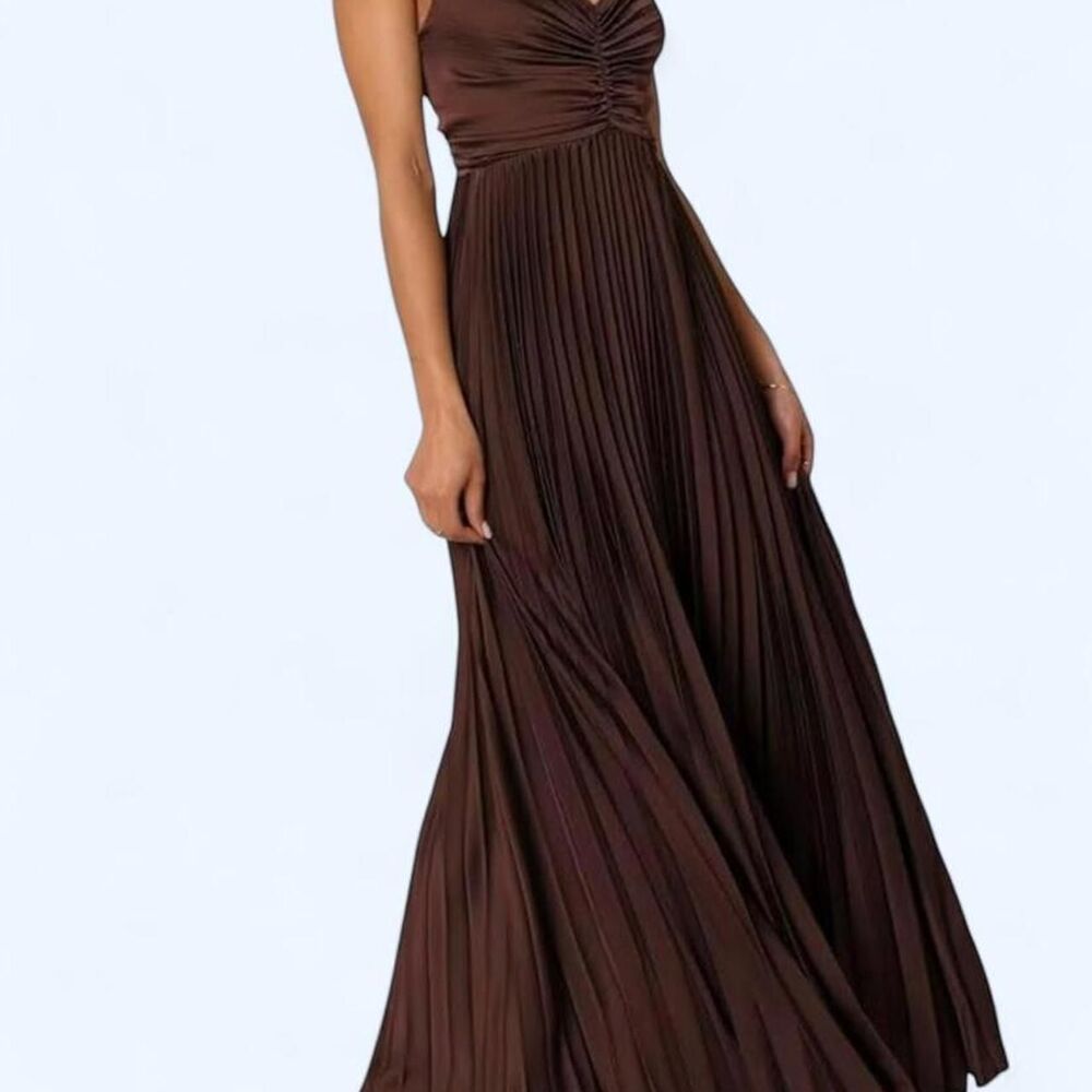 Unbranded Women's Brown Formal Pleated Maxi Dress